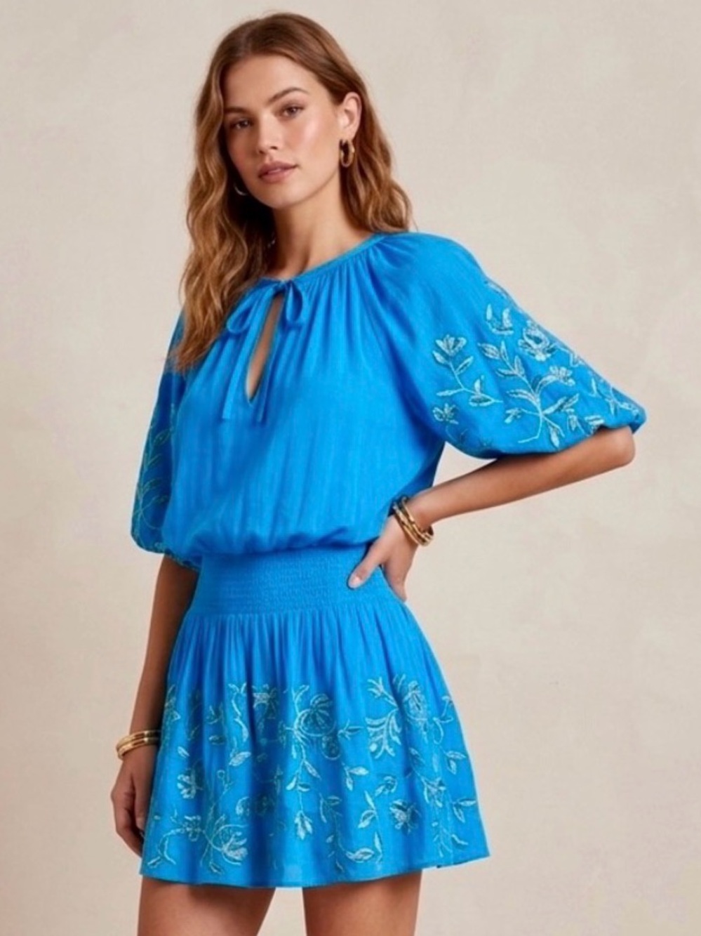 Ramy Brook Keanu Embroidered Floral Dress Blue Small Boho Cottagecore Peasant